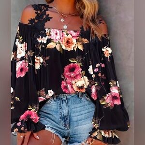NWOT Small Lace Trim Floral Print, Pleated Lantern Sleeve Off Shoulder Blouse